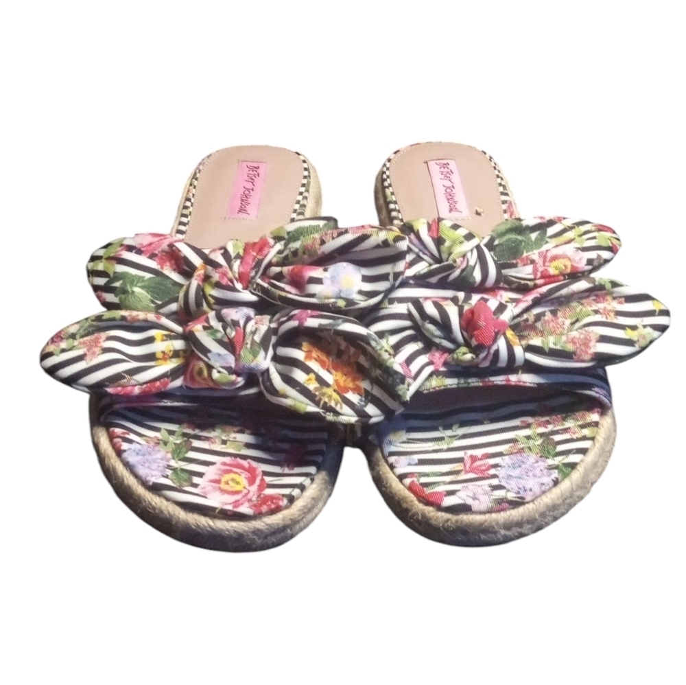 Betsey Johnson Jazzy Slide Striped Floral Bow Espadrille‎ Sandals Size 10 - Picture 3 of 7